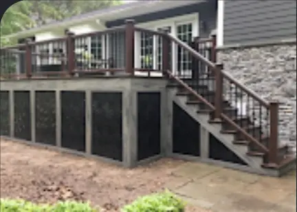 Raised deck with stairs, lattice and trim skirting